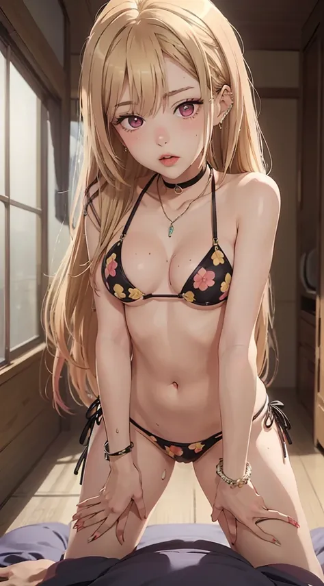 marinlora, 1girl, long hair, blonde hair, blush, indoors, bracelet, black bikini, side-tie bikini bottom, halterneck, black choker, piercing, floral print, ear piercing, string bikini, ((sexual:1.9)), at 90 degrees, sitting, (lean forward:1.5)