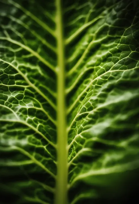 a close-up shot of a single crisp lettuce leaf, showcasing its intricate veining, vibrant green color, and delicate texture