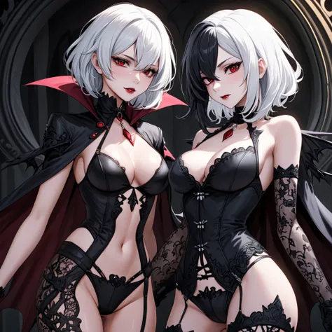 Two sexy female vampires one with black hair and the other with white hair best quality, high quality, high definition, high quality texture, high quality shadow, high detail, beautiful detailed, fine detailed, extremely detailed cg, detailed texture