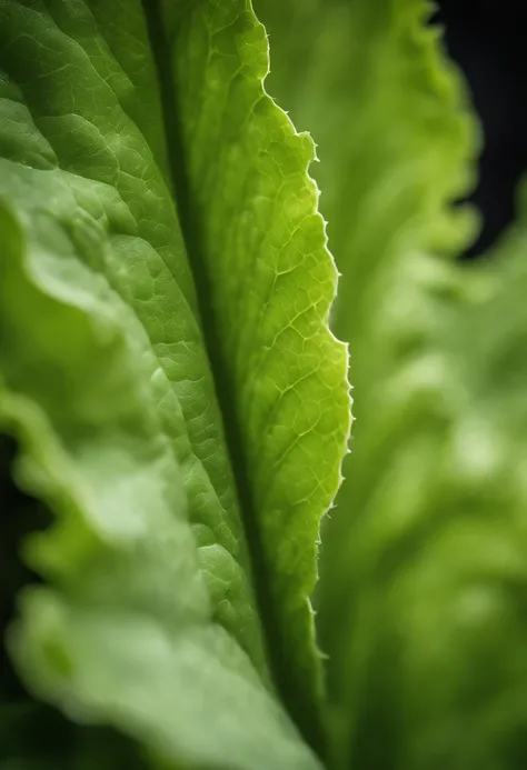 a close-up shot of a single crisp lettuce leaf, showcasing its intricate veining, vibrant green color, and delicate texture