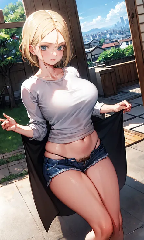 Beutiful women, perfect pubic ((8K)) hyper realisitc, Cyborg 18 in Dragon Ball Z,Blonde short hair big tits,big curve,eBlue eyes,Wear a short shirt,Only wear,,near groin,Japan City Background