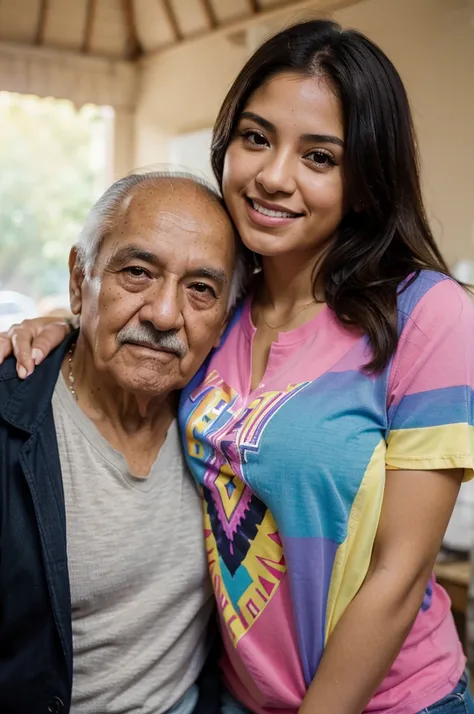 young beautiful hispanic woman with no makeup, with colorful shirt, arms around her elderly dad, midday, shallow-focus, 35mm, photorealistic, Canon EOS 5D Mark IV DSLR, f/5.6 aperture, 1/125 second shutter speed, ISO 100 --ar 2:3 --q 2 --v 4