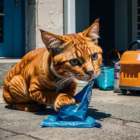 An Orange cat vomiting blue liquid next to a purple chips  bag.