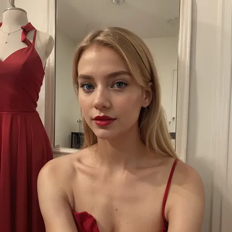 Iphone quality, real human, skin pore, Instagram Hot blonde, blue eyed chick, staring at the mirror, wearing red sexy dress, applying red lipstick on her lips