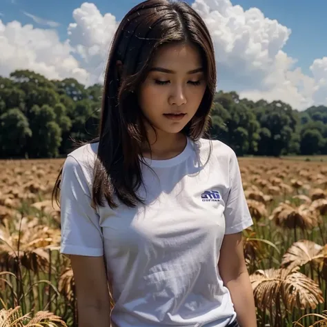 Photo Realistic, pretty girl, from Indonesia, upscale, wear white shirt written "FINA" on it, background in a field rice, weather is bright, clouds, birds, resolution 8K