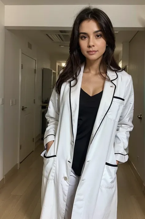 Doctora hermosa, senos grandes, white coat and black surgical pajamas