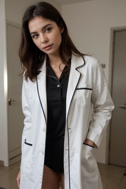 Doctora hermosa, senos grandes, white coat and black surgical pajamas