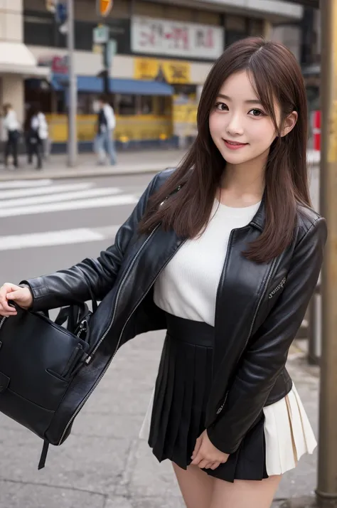 photo Realistic, masutepiece, Realistic, High contrast, hyper Detailed, Best Quality, 超A high resolution, photo Realistic, High resolution, Detailed, Raw photo, Japanese Junior High School Girl, Long hair, Black leather jacket, Long sleeves, Black micro mi...