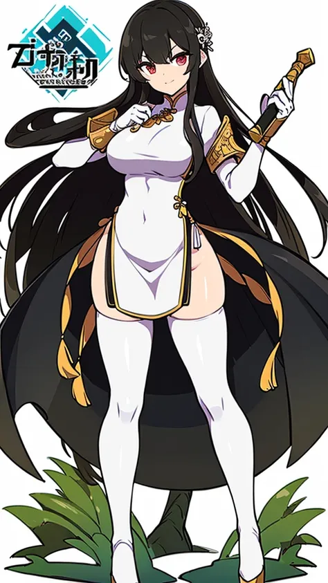 (((best quality))) , ((full body)), female, reference sheet, solo, (white background), holding sword, gloves, loin cloth, chines...