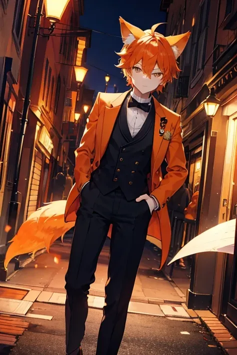 an orange haired man with orange eyes and orange fox ears and tail is wearing a victorian suit in the streets of an old town