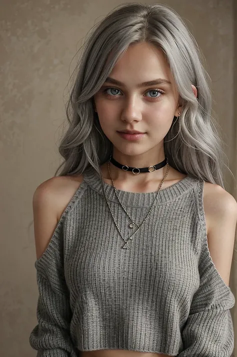 13 year old girl, Alone, Long gray hair, , view the viewer, Blonde hair, shoulder, Brown eyes, jewely, Full body lesbian, choker necklace, cropped shoulders, Sweaters, Open lips, actual, nase, flirting with the camera