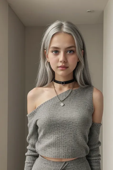 13 year old girl, Alone, Long gray hair, , view the viewer, Blonde hair, shoulder, Brown eyes, jewely, Full body lesbian, choker necklace, cropped shoulders, Sweaters, Open lips, actual, nase, flirting with the camera