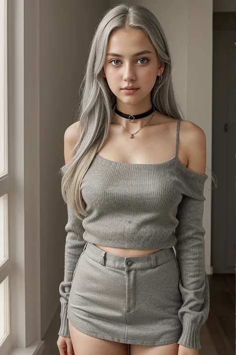 13 year old girl, Alone, Long gray hair, , view the viewer, Blonde hair, shoulder, Brown eyes, jewely, Full body lesbian, choker necklace, cropped shoulders, Sweaters, Open lips, actual, nase, flirting with the camera