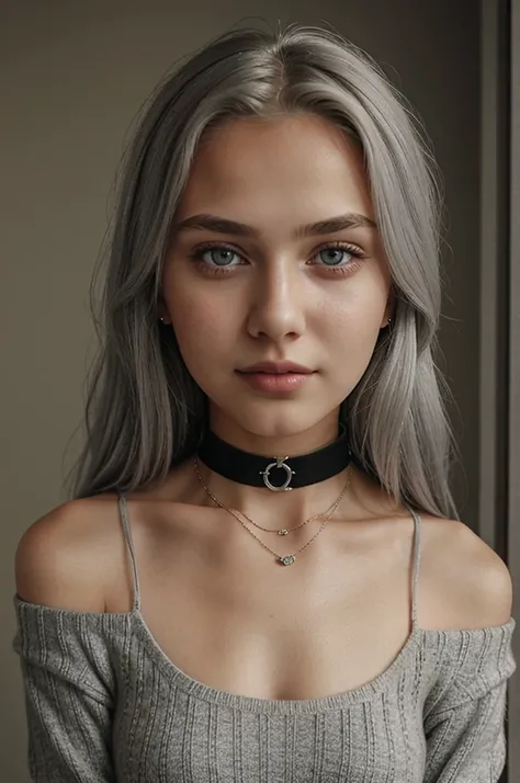 13 year old girl, Alone, Long gray hair, , view the viewer, Blonde hair, shoulder, Brown eyes, jewely, Full body lesbian, choker necklace, cropped shoulders, Sweaters, Open lips, actual, nase, flirting with the camera