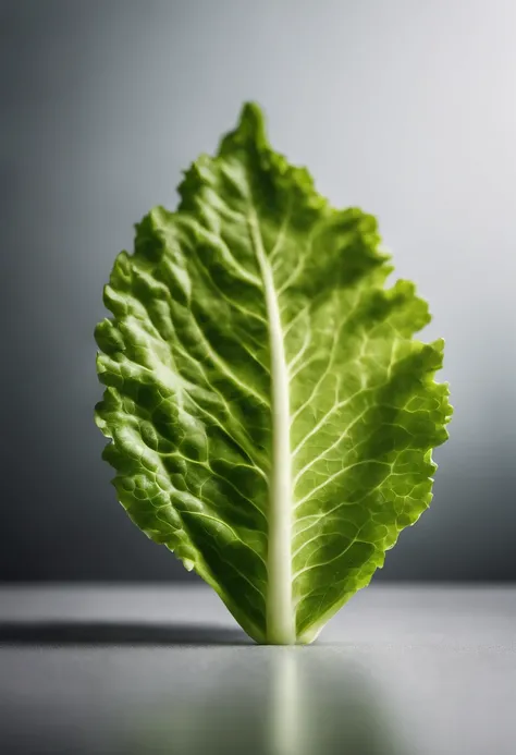 a minimalistic shot of a single lettuce leaf against a clean, white background, allowing the vibrant green color to be the focal point