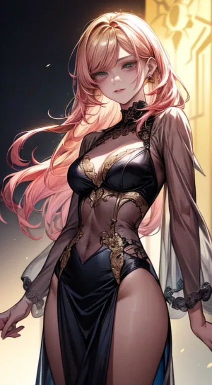 (((1male people：Piercing in the left ear,、((Golden hair))、tall、tall、Tall、a handsome、refreshing、burly)))、(((1female：Pink hair、Long、short、Best style、F-cup、See-through sexy dress、Beautuful Women)))、((((a couple、Flirting))))、{(Best Quality, 8K, masutepiece, nf...