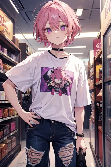 a pink haired handsome  man with violet eyes is wearing a band t-shirt and ripped jeans in a store