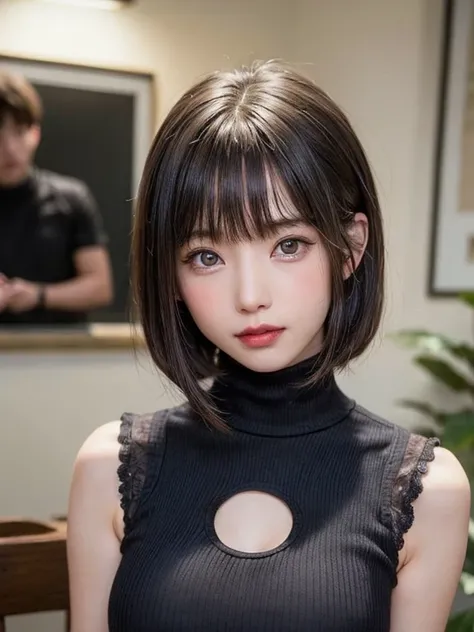 (masutepiece, top-quality、high-detail:1.4、Very attractive beauty、Add intense highlights to the eyes、Look firmly at the camera:1.4、A beautiful woman full of charm、Ideal ratio body proportions、Perfect Anatomy、Brunette Short Bob Hair、bangss:1.7、Lustrous hair、...