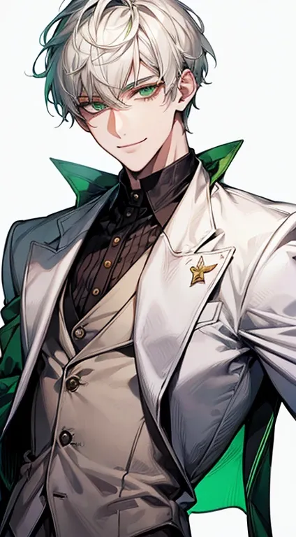 white short hair, Handsome boy with white eyebrows and green expressive eyes, Smiling, white suit and black shirt, Green eyes