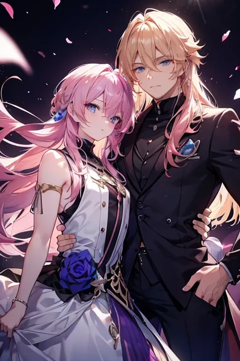 a pink haired handsome man with violet eyes is posing with a muscular blonde haired man with blue eyes with long hair and a dark...