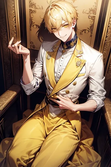 Yellow short hair, Handsome boy with yellow eyebrows and yellow expressive eyes, Smiling, sexy gown, Yellow eyes