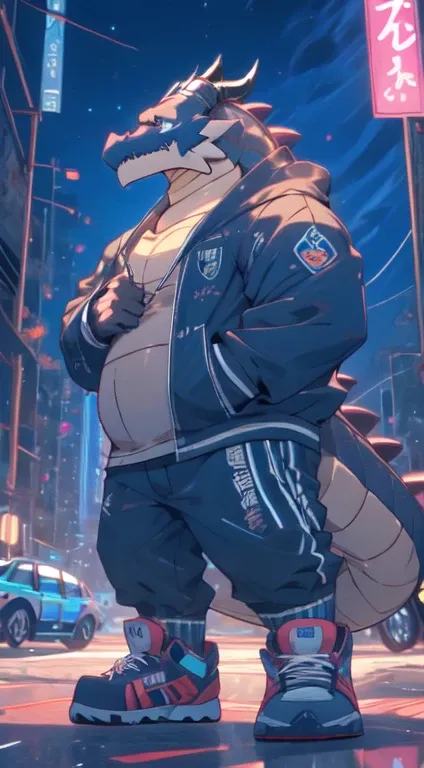 herbivoredragon,male, cool dragon anime, chubby, anthropomorphic, (wearing stylish black sweatshirt, sport shoes,headphone), ful...