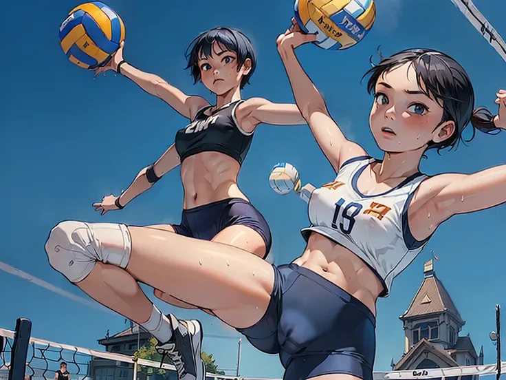 (masterpiece, 4k ,ultra detailed:1.2),(beautiful face:1.2),(anime:1.2),illustration,(solo:1.2),(looking at viewer:1.4),(supermodel:1.3),(volleyball athlete:1.4),(volleyball uniform:1.4),(bike shorts:1.4),(volleyball:1.5),(sweaty skin:1.3),(blue hair),(bang...