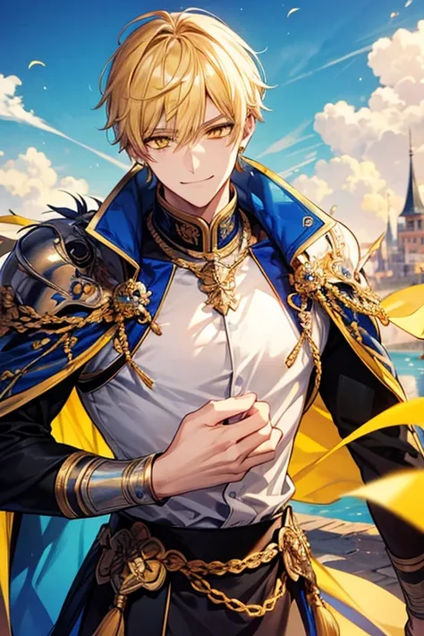 Yellow short hair, Handsome boy with yellow eyebrows and yellow expressive eyes, Smiling, Yellow eyes、细致背景、blue knight