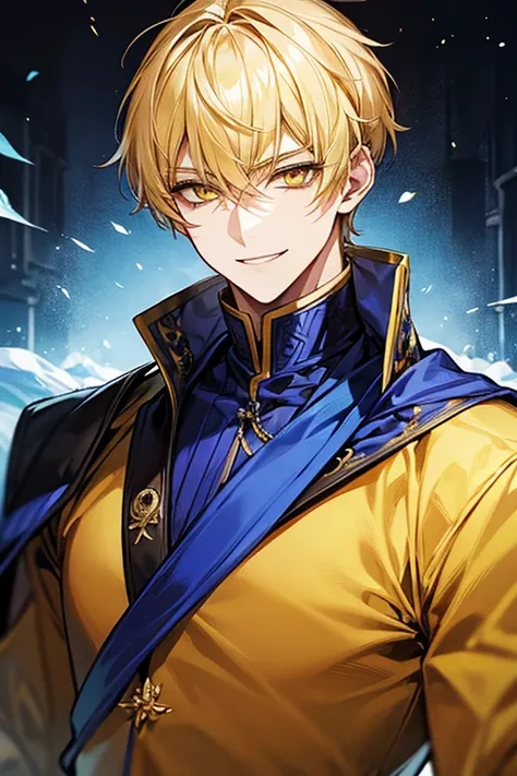 Yellow short hair, Handsome boy with yellow eyebrows and yellow expressive eyes, Smiling, Yellow eyes、细致背景、blue knight