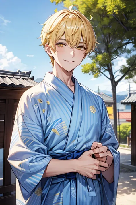 Yellow short hair, Handsome boy with yellow eyebrows and yellow expressive eyes, Smiling, Yellow eyes、细致背景、Blue yukata