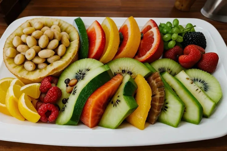 frutas e vegetais frescos servidos em uma bandeja, camera lente 18mm