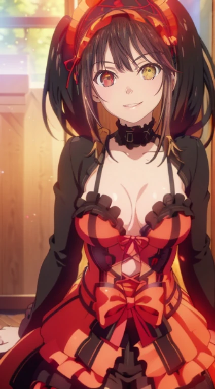 Kurumi tokisaki del anime date a live, ropa de colegiala, homochromy, pechos medianos, primer plano, posando, sonrisa encantadora, detallado