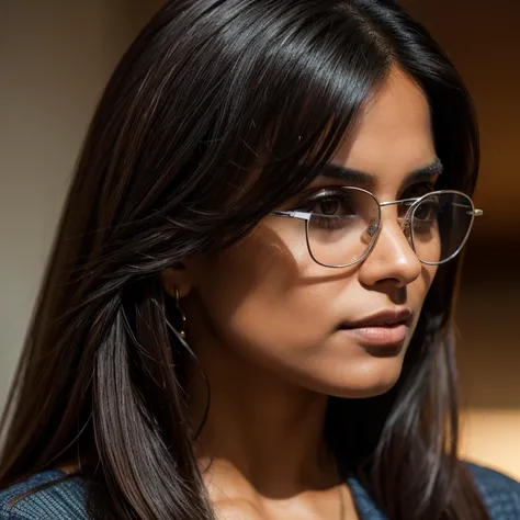 the beautiful woman with long hair and dark glasses, in the style of 8k resolution, close-up, dark silver and light brown, indian scenes, queer academia, high quality, precisionist lines, whistlerian --ar 69:128 --s 750 --v 5.2