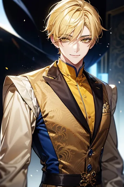 Yellow short hair, yellow long eyelashes、Handsome boy with yellow eyebrows and yellow expressive eyes, Smiling, Yellow eyes、细致背景、blue luxurious costume