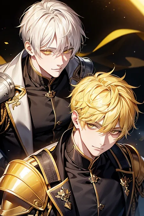 Yellow short hair, yellow long eyelashes、Handsome boy with yellow eyebrows and yellow expressive eyes, Smiling, Yellow eyes、细致背景、Knight in Black