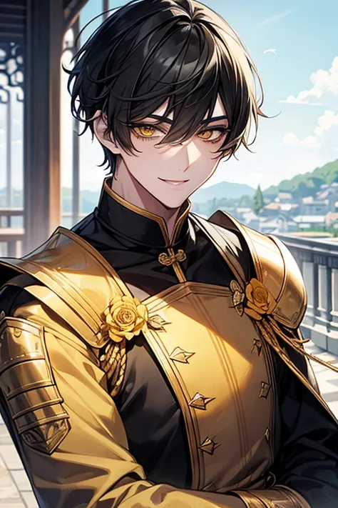 Yellow short hair, yellow long eyelashes、Handsome boy with yellow eyebrows and yellow expressive eyes, Smiling, Yellow eyes、细致背景、Knight in Black