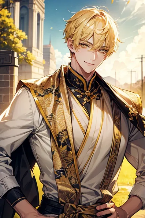 Yellow short hair, yellow long eyelashes、Handsome boy with yellow eyebrows and yellow expressive eyes, Smiling, Yellow eyes、细致背景、Beautiful husband