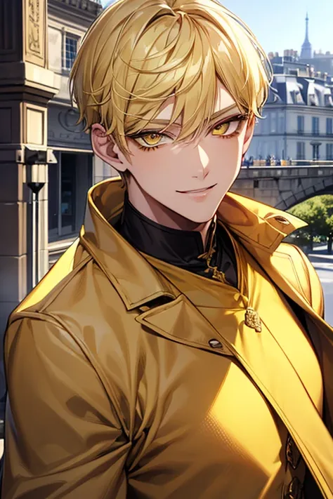 Yellow short hair, yellow long eyelashes、Handsome boy with yellow eyebrows and yellow expressive eyes, Smiling, Yellow eyes、细致背景、Paris Collection