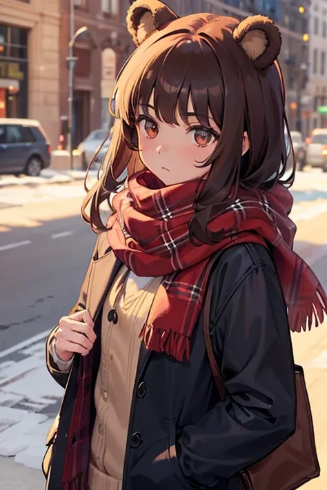 girl with bear ears, brown hair and bangs, and red scarf with tartan pattern