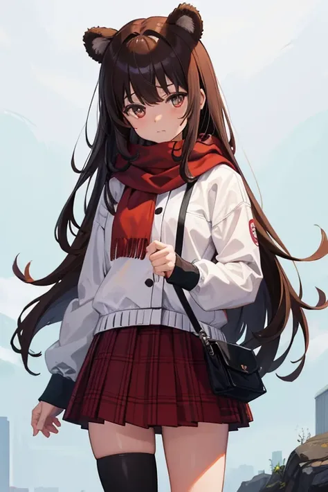 girl with bear ears, brown hair and bangs, and red scarf with tartan pattern with grey eyes