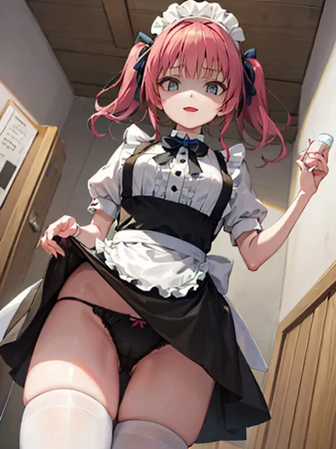 1girl, twintails, shaded face, maid, mad, skirt lift, panties, self lift, from below, grimace