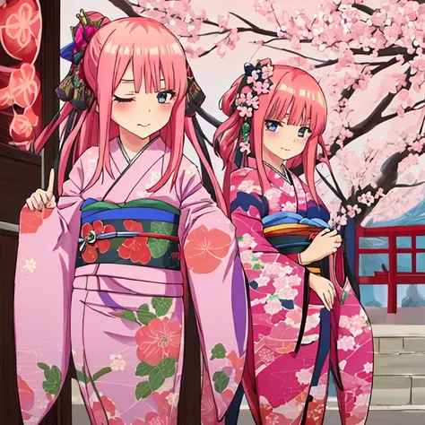 {Best Quality}, {very aesthetic}, {Ultra-detailed}, {Best Illustration}, japanese kimono, Pink hair