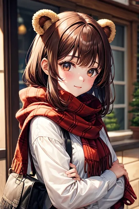 girl with bear ears, brown hair and bangs, and red scarf with tartan pattern