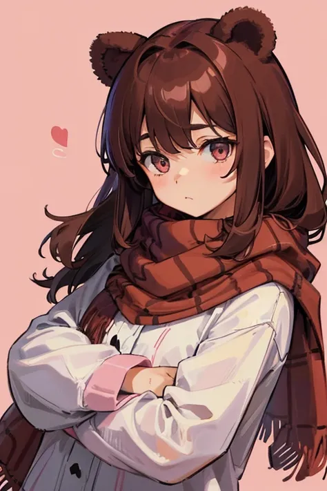 girl with bear ears (pink on the inside), brown hair and bangs, and red scarf with tartan pattern with grey eyes