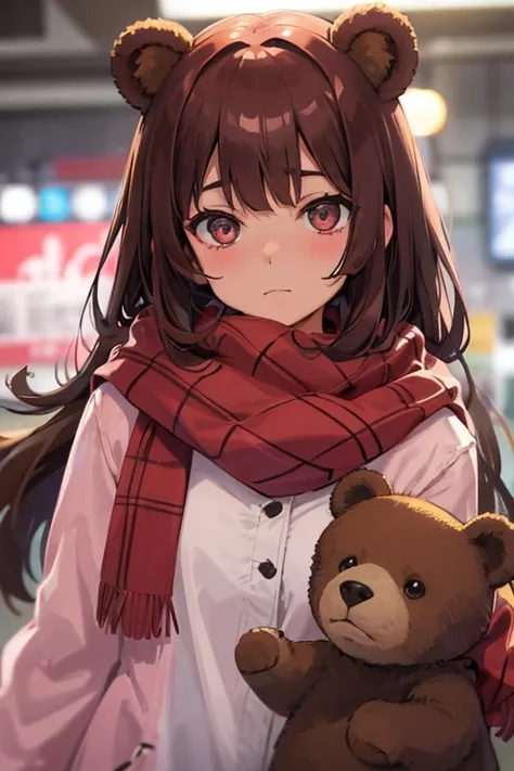 girl with bear ears (pink on the inside), brown hair and bangs, and red scarf with tartan pattern with grey eyes