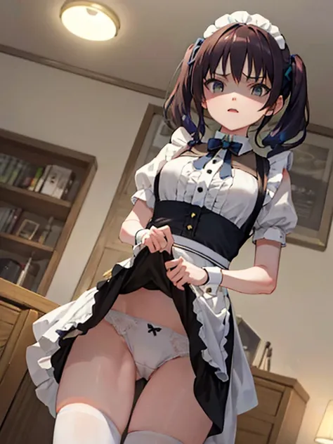 1girl, black hair, twintails, big tits, shaded face, maid, mad, skirt lift, white panties, self lift, from below, grimace, jitome, disgust, disdain