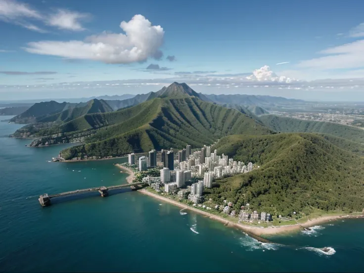 Aerial view of a medium-sized coastal city, with some tall buildings. In the background, a small mountain range with tropical forest.