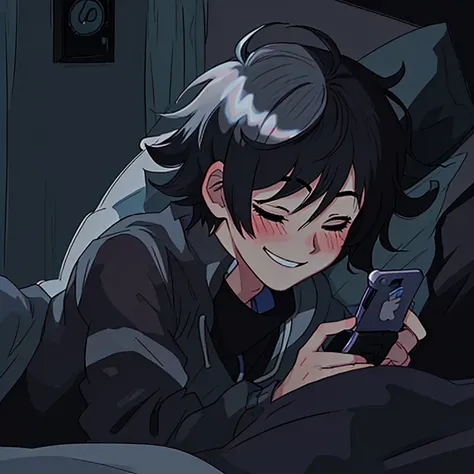 anime boy, short hair, laying in bed with cell phone in hand, smile, blush, eyes close