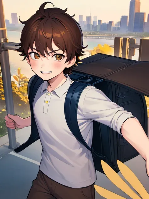 best quality, masterpiece, highres, detailed, digital artwork, city, ChildEmp,  1boy, solo, male focus, male child, brown hair, brown eyes, serious, evil smile, backpack, fighting, manga, nudem penis