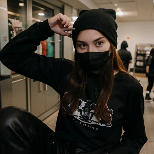 16 years old, girl, long auburn hair, black mask, black beanie, black shirt, thief, black pants